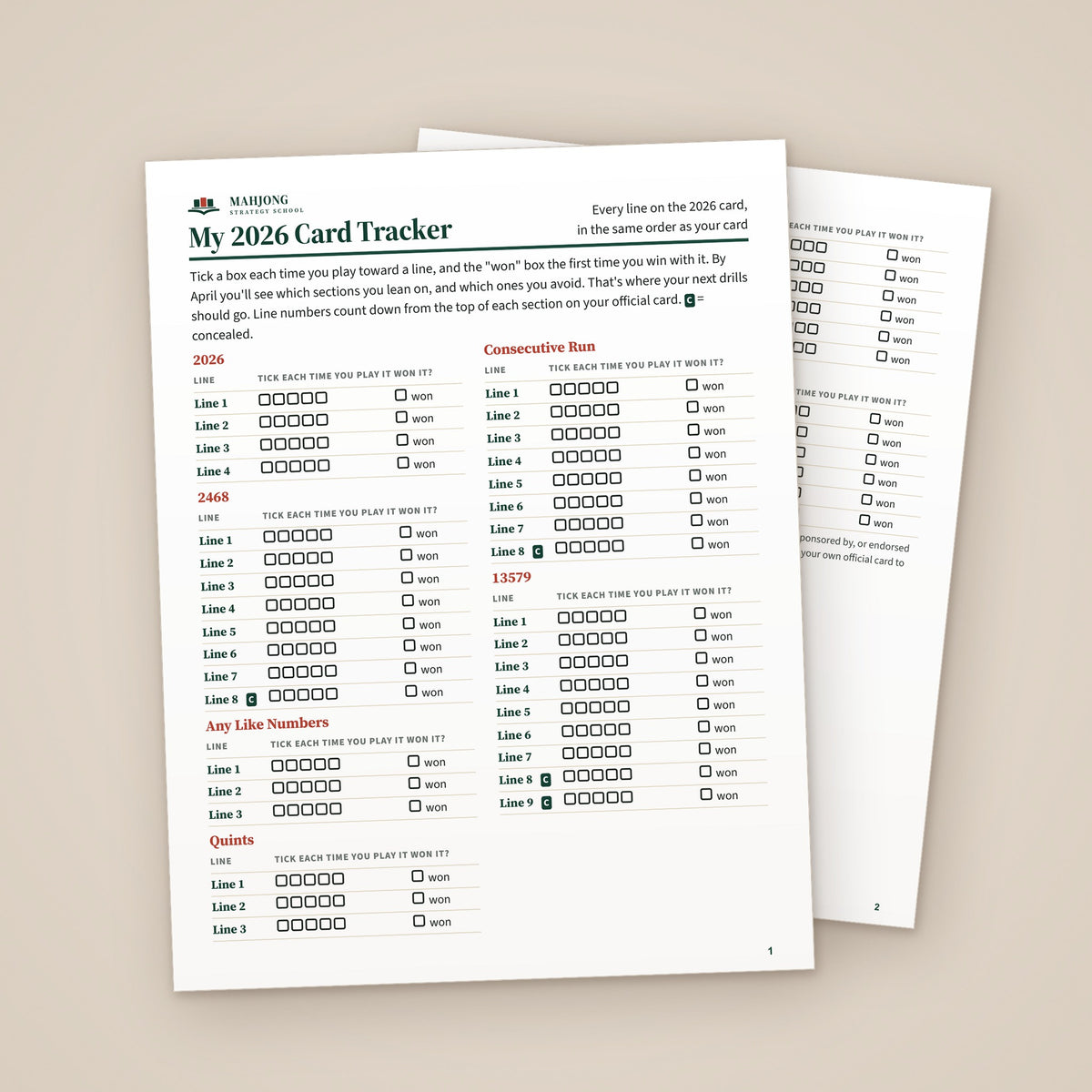 My 2026 Card Tracker, both printable pages