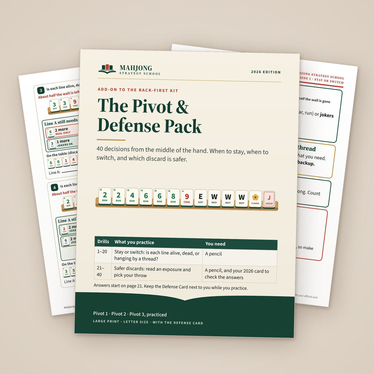 The Pivot & Defense Pack cover, with a drill page and the Defense Card behind it