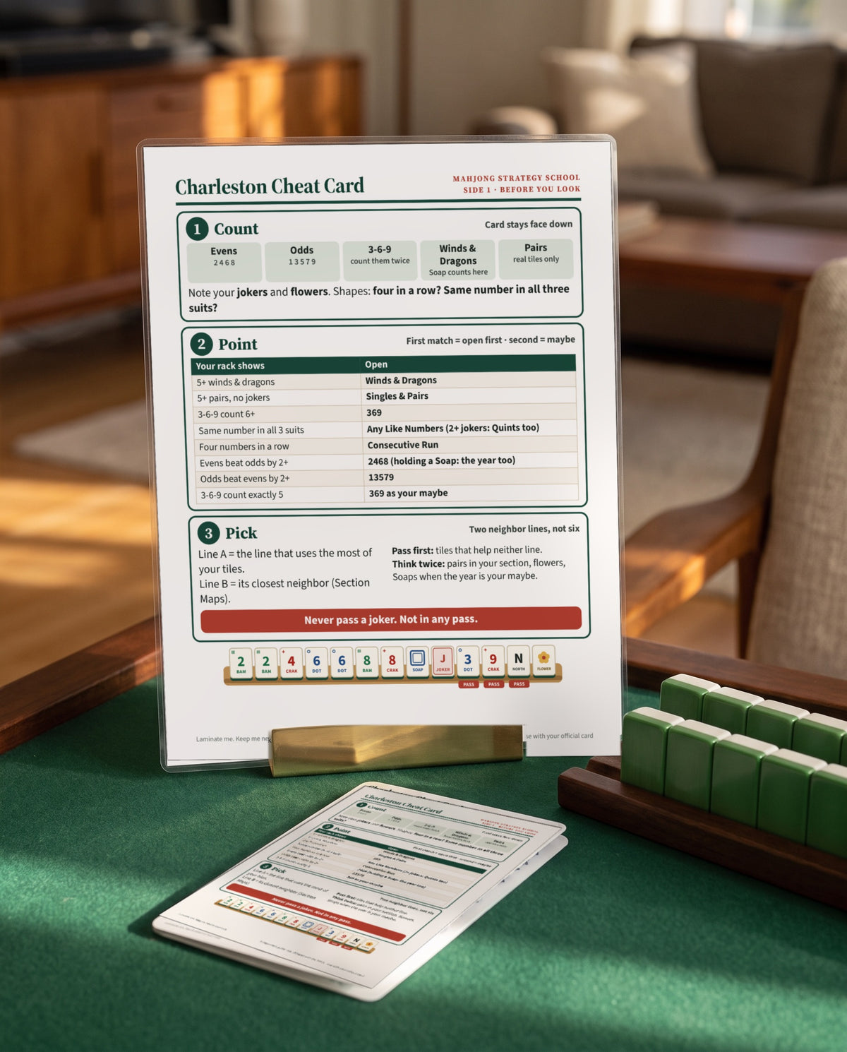 The laminated Charleston Cheat Card on a stand, with the folded pocket card in front