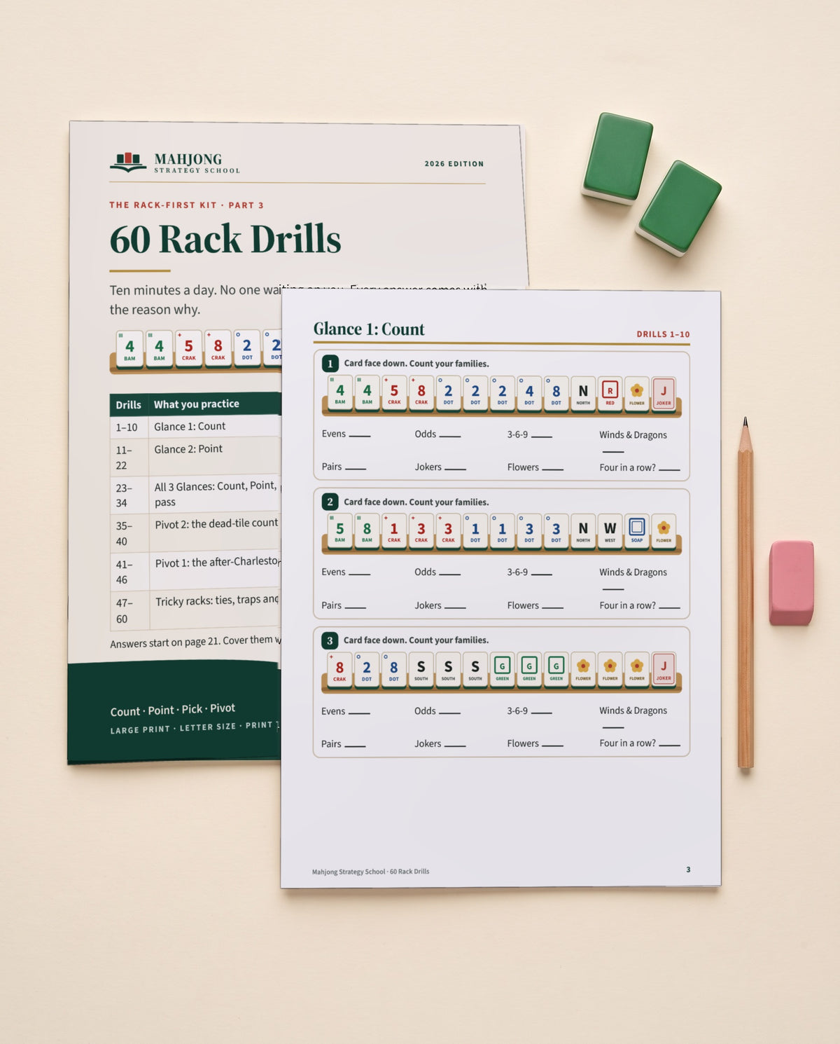 The 60 Rack Drills cover next to a drill worksheet and a pencil