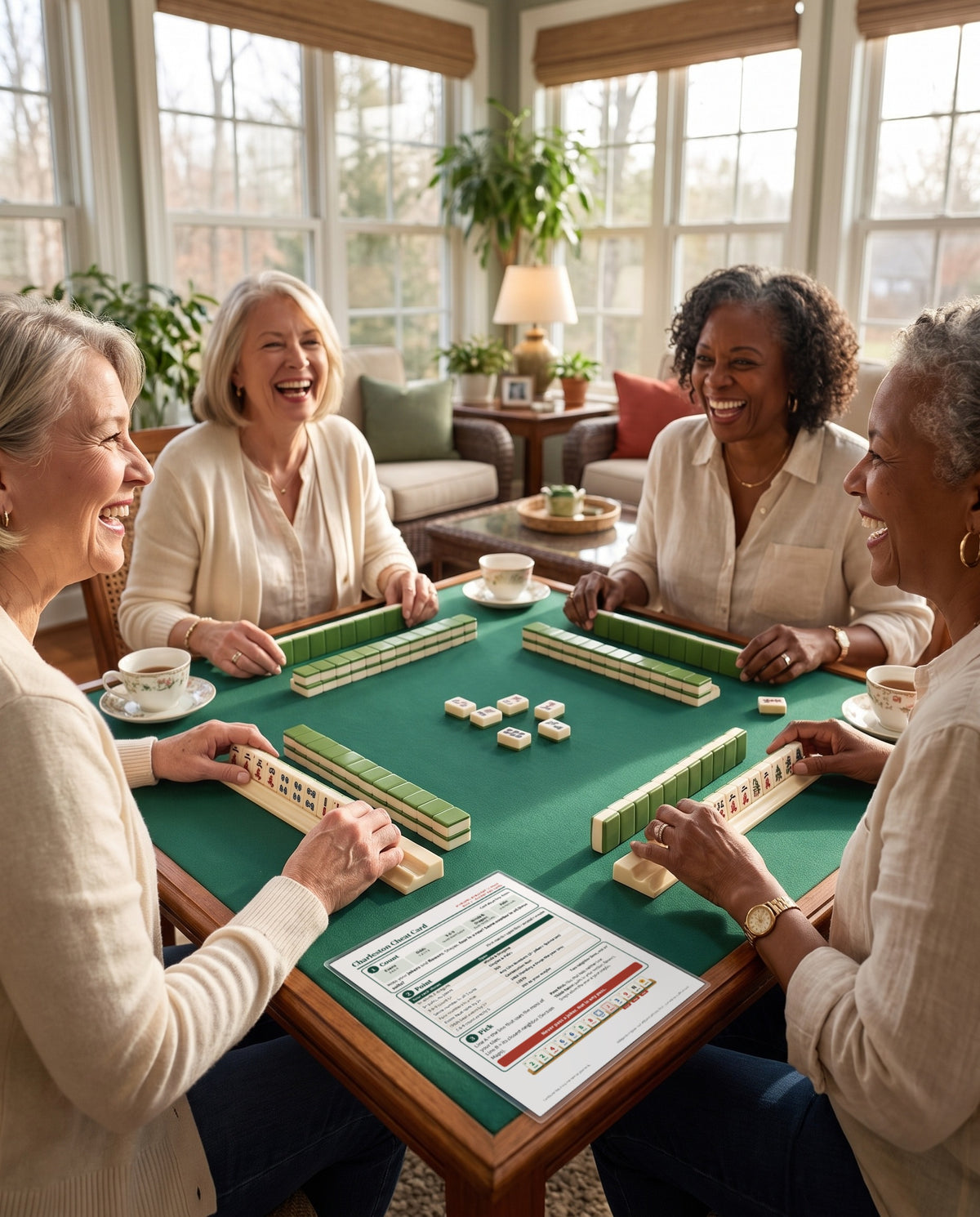 Four friends laughing around a green mahjong table, with the laminated Charleston Cheat Card next to a rack