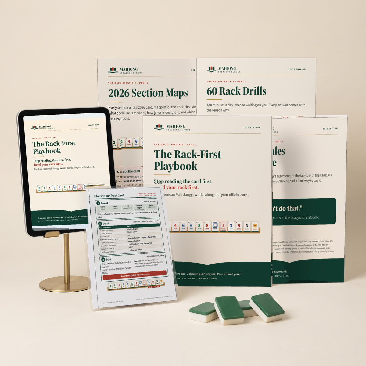 Everything in The Rack-First Kit: the Playbook, 2026 Section Maps, 60 Rack Drills and Rules Referee booklets, the Charleston Cheat Card and the Playbook on an iPad