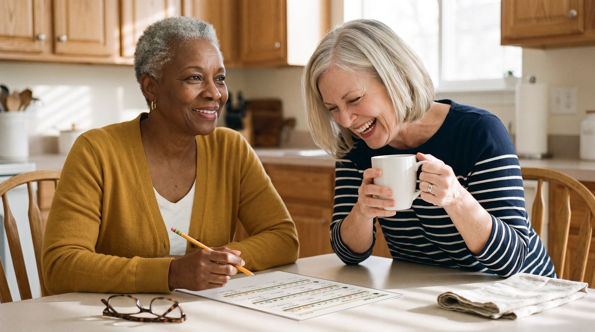 Two friends laughing over a Rack Drills worksheet and coffee at a kitchen table