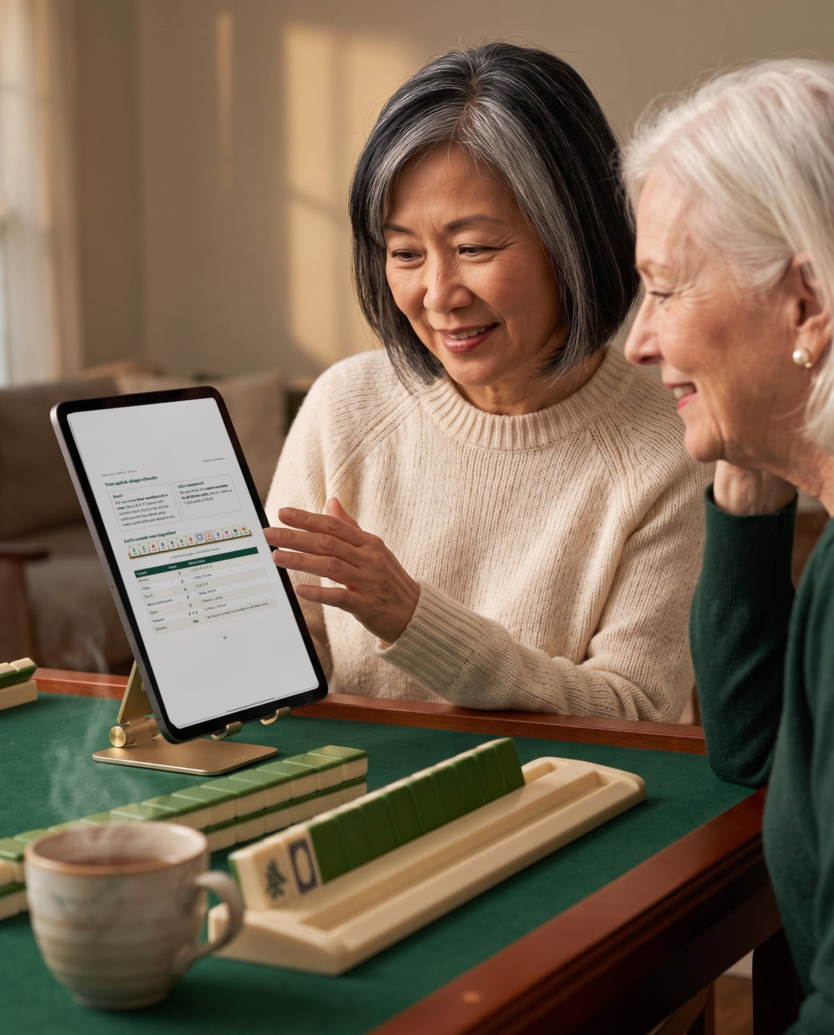 Two friends at a mahjong table looking at a Playbook page on an iPad