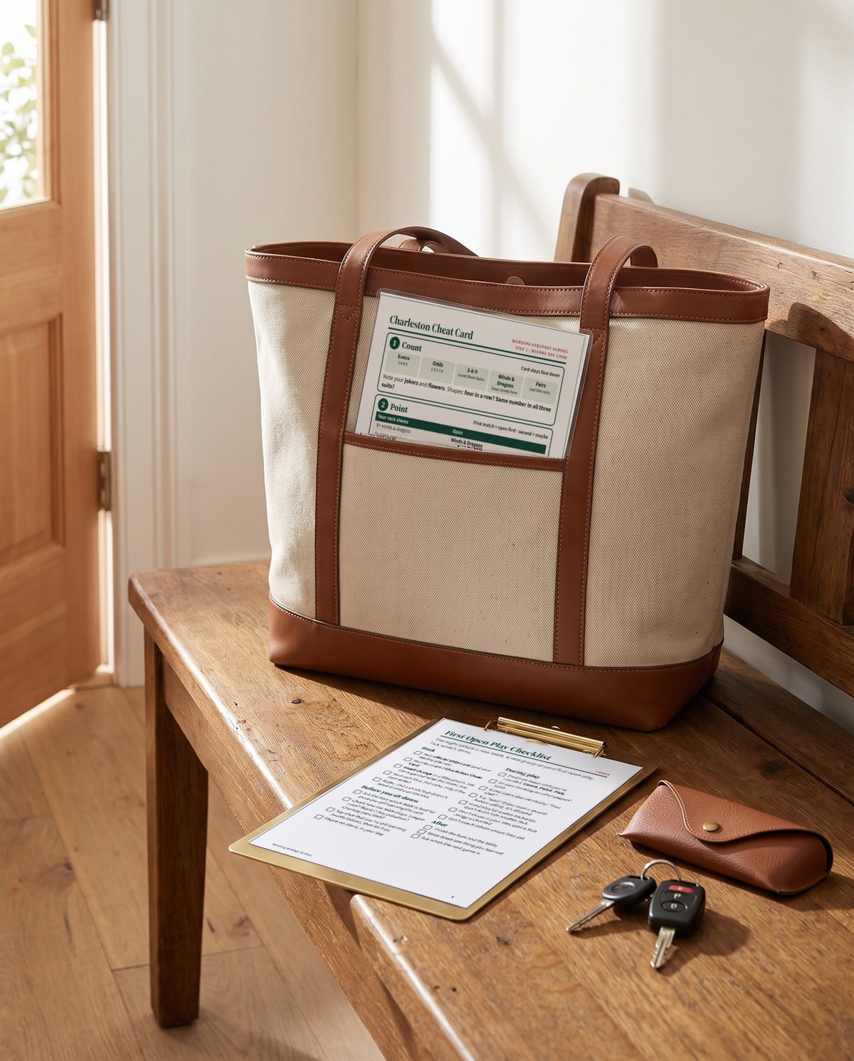 A tote bag with the Cheat Card and the First Open Play Checklist on a clipboard